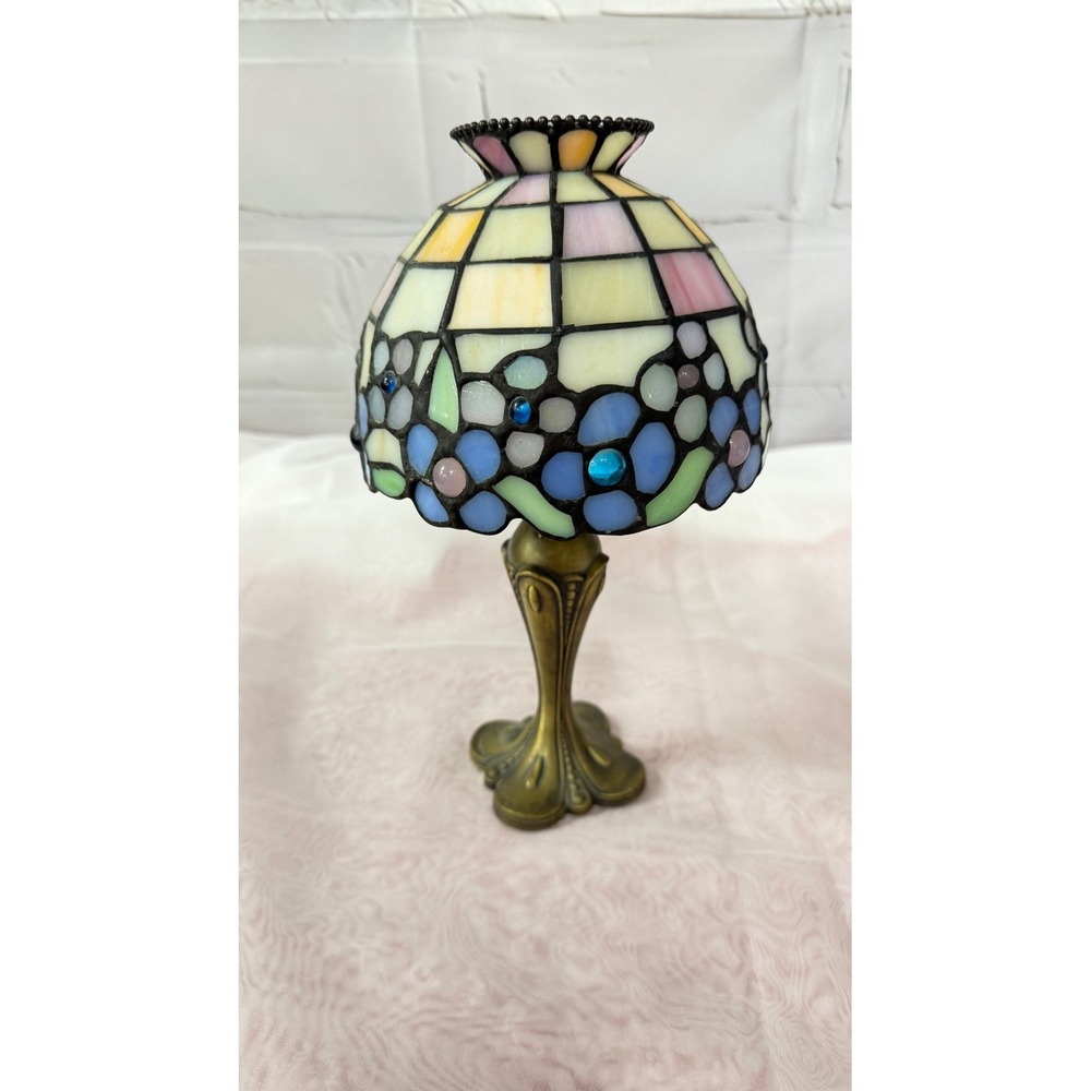 PartyLite Stained Glass Tea Light Candle Lamp Holder Floral Blue Bronze Base